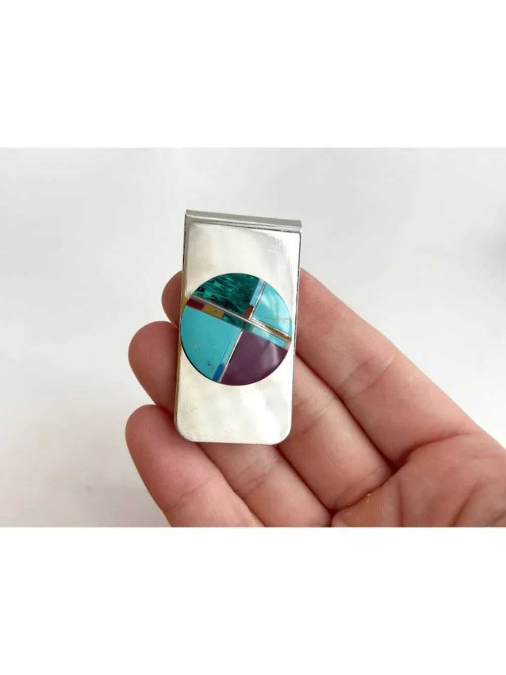 Natural Stone Inlaid Southwest Vintage Stainless Steel Money Clip